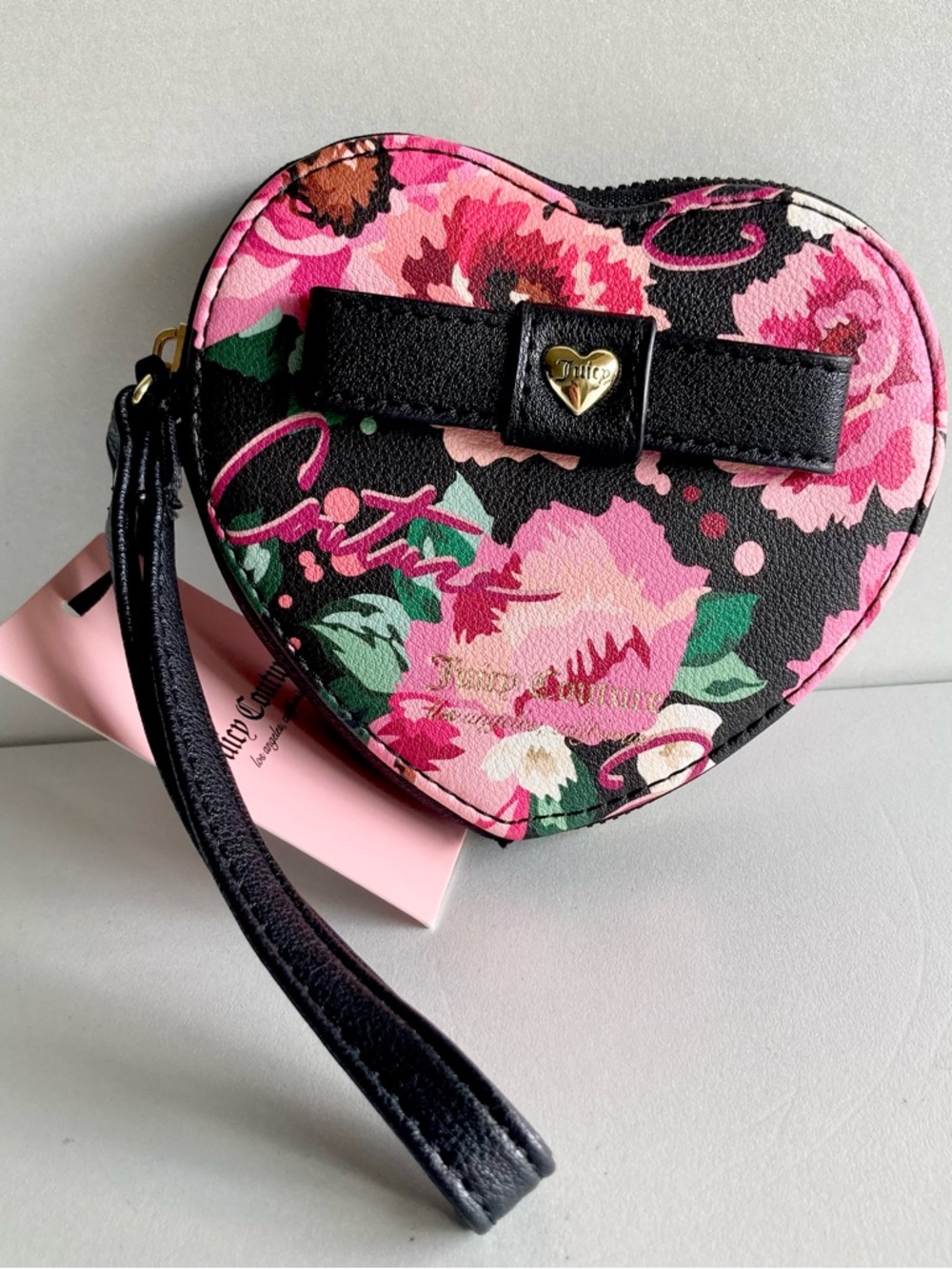 Juicy Couture Pink Floral Heart Wristlet with Black Bow - Picture 3 of 8